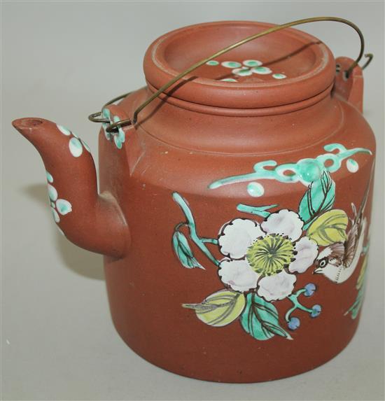 A Chinese Yixing enamelled pottery teapot and cover, second half 19th century, height 14cm excl. handle